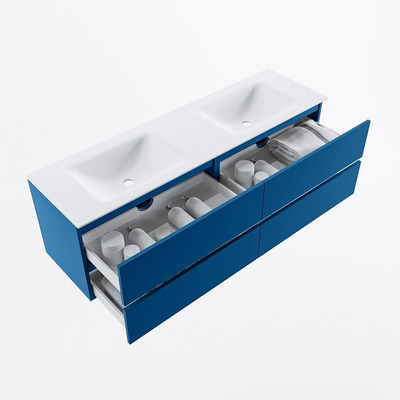 Mondiaz Vica ensemble de meuble de salle de bain - 160cm - meuble sous-vasque jeans - 4 tiroirs - lavabo cloud double - sans trous de robinet - version haute de 60cm - talc