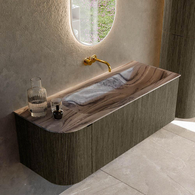 MONDIAZ KURVE-DLUX Meuble de salle de bains 125cm arrondi à gauche couleur Shadow avec 1 tiroir et 1 porte. Lavabo BIG MEDIUM à droite sans trou de robinet Sombra.