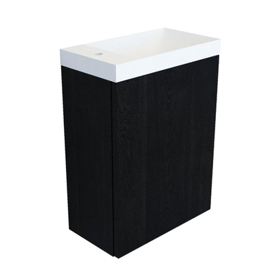 Arcqua Marble fontein – 40x22x54.5 cm – wit mat – zonder kraan – eiken frame zwart, met overloop