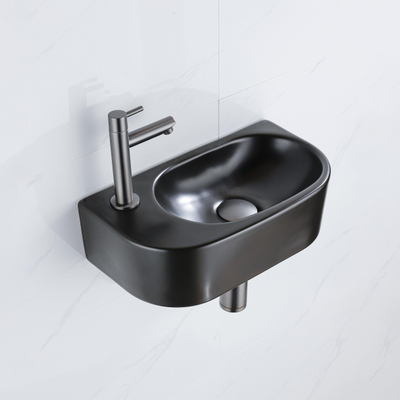 Fugaflow Efficiente Ensemble Fontaine Pietra - 40x21,5x12 cm - gauche - lisse - demi-ronde - 1 trou de robinet - céramique - robinet de fontaine gunmetal - bouchon de vidange - siphon abaissé - noir mat