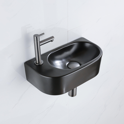 QeramiQ Fuente Ensemble de lavabo - 40x21.5x12cm - gauche - lisse - demi-rond - 1 trou de robinet - céramique - robinet de lavabo gunmetal - bouchon de vidange - siphon abaissé - noir mat