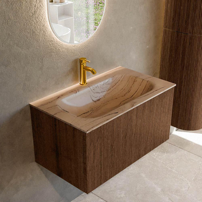 MONDIAZ KURVE-DLUX 80cm badmeubel kleur Walnut met 1 lade en 0 deuren. Wastafel BIG SMALL Midden 1 kraangat Arena.