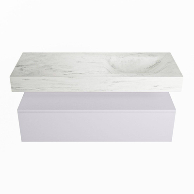 Mondiaz ALAN-DLUX Ensemble de meuble - 120cm - meuble Cale mat - 1 tiroir - Lavabo Cloud Opalo suspendu - vasque Droite - 1 trou de robinet