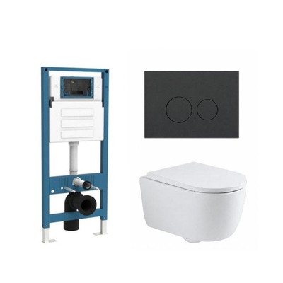 QeramiQ Dely Swirl Ensemble de toilette - réservoir encastré QeramiQ Flush - abattant 35mm - plaque de commande en plastique anthracite mat - boutons ronds - blanc brillant
