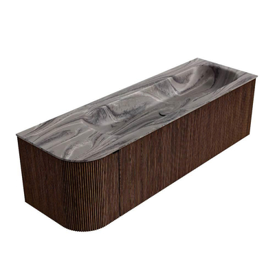 MONDIAZ KURVE-DLUX Meuble de salle de bains 145cm arrondi à gauche couleur Walnut avec 1 tiroir et 1 porte. Lavabo BIG LARGE à droite sans trou de robinet Sombra.