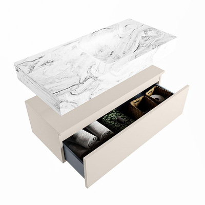 Mondiaz ALAN-DLUX Ensemble de meuble - 100cm - meuble Linen mat - 1 tiroir - Lavabo Cloud Glace suspendu - vasque Droite - 1 trou de robinet