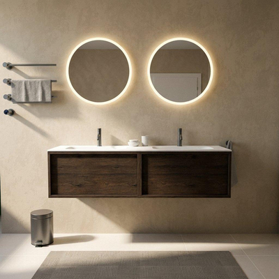 Saniclass Holz Frame Ensemble meuble de salle de bains - 160x45x41.5cm - lavabo Flow en solid surface blanc - 2 vasques - 2 trous de robinet - 2 tiroirs - chêne charcoal mat (bois)
