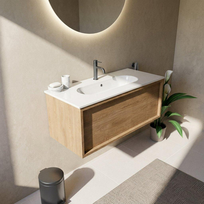 Saniclass Holz Frame Ensemble meuble de salle de bains - 100x45x53.9cm - lavabo Chaci en céramique blanc - 1 vasque - 1 trou de robinet - 1 tiroir - chêne naturel mat (bois)