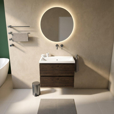 Saniclass Holz Pure Ensemble de meuble de salle de bains - 80x45x63.5cm - Lavabo en céramique Bari blanc - 1 vasque - sans trou de robinet - 2 tiroirs - chêne charcoal mat (bois)