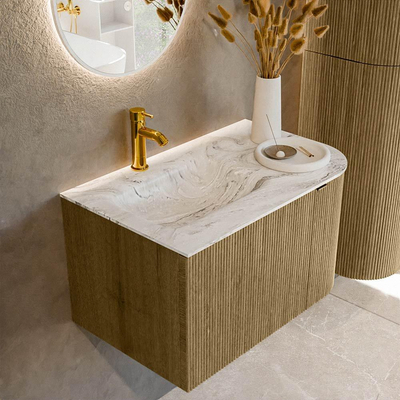 Mondiaz KURVE-DLUX Badkamermeubelset - 75x46x40cm - 1 lade - 1 deur - wastafel solid surface - links - 1 kraangat - Dusk