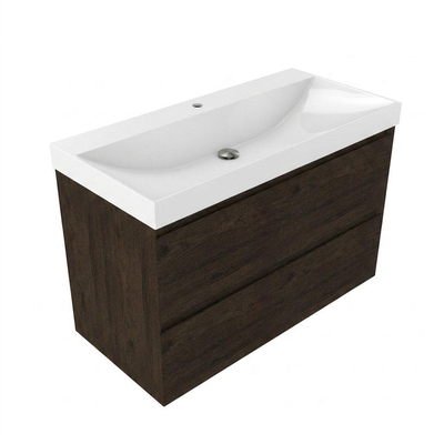 Saniclass Holz Pure Ensemble meuble de salle de bains - 100x45x67.5cm - Wave lavabo en céramique - 1 vasque - 1 trou de robinet - 2 tiroirs - chêne charcoal mat (bois)