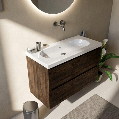 Saniclass Holz Pure Ensemble meuble de salle de bains - 100x45x63.5cm - lavabo Palermo en céramique blanc - 1 vasque - sans trou de robinetterie - 2 tiroirs - chêne charcoal mat (bois)