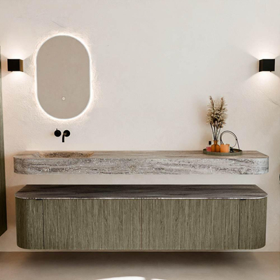 MONDIAZ THOR-DLUX 200cm meuble de salle de bains arrondi gauche + droite couleur Shadow avec 2 tiroirs et 2 portes. Vasque suspendue CLOUD Gauche sans trou de robinet couleur Oza.