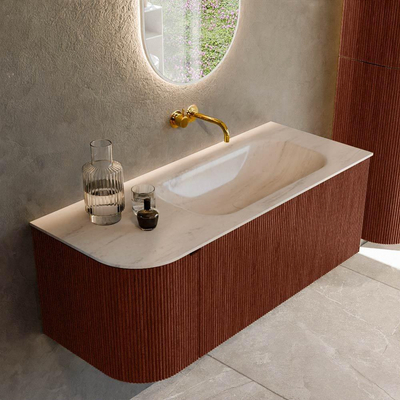 MONDIAZ KURVE-DLUX 115cm badmeubel ronding Links kleur Ruby met 1 lade en 1 deur. Wastafel BIG SMALL Rechts zonder kraangat Meli.