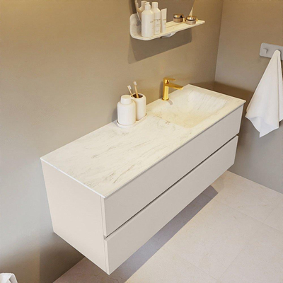 Mondiaz VICA-DLUX ensemble de meuble de salle de bain - 130cm - meuble sous-vasque lin - 2 tiroirs - lavabo encastré cloud droite - 1 trou de robinet - version haute de 60cm - opalo