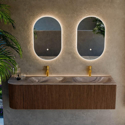 MONDIAZ KURVE-DLUX 165cm meuble de salle de bains arrondi gauche couleur Walnut avec 2 tiroirs et 1 porte. Lavabo STOR SMALL Double / Droite 2 trous de robinet Sombra.