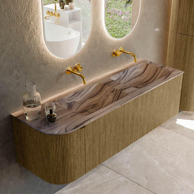MONDIAZ KURVE-DLUX Meuble de salle de bains 145cm arrondi à gauche couleur Dusk avec 1 tiroir et 1 porte. Lavabo LEAF Double / Droite sans trou de robinet Sombra.