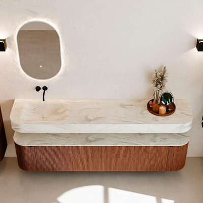 MONDIAZ THOR-DLUX 200cm meuble de salle de bains arrondi gauche + droite couleur Ruby avec 2 tiroirs et 2 portes. Vasque suspendue CLOUD Gauche sans trou de robinet couleur Ostra.