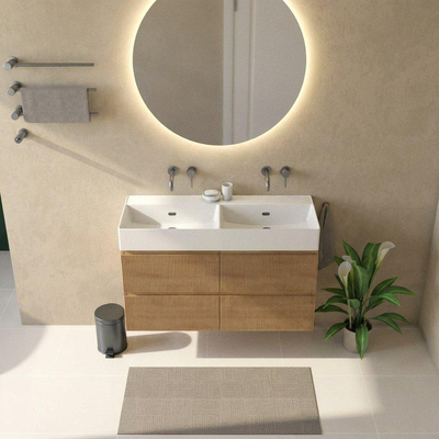 Saniclass Holz Atelier Ensemble de meubles de salle de bains - 120x45x72cm - Legend lavabo en céramique blanc - 2 vasques - sans trous de robinetterie - 2 tiroirs - chêne natural mat (bois)