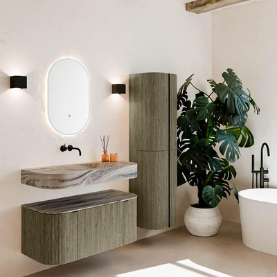 MONDIAZ THOR-DLUX 100cm meuble de salle de bains arrondi gauche + droite couleur Shadow avec 1 tiroir et 2 portes. Vasque suspendue CLOUD Milieu sans trou de robinet couleur Sombra.