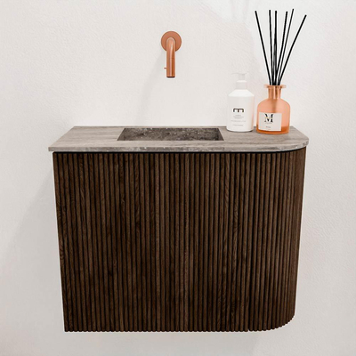 Mondiaz JOYA-DLUX Meuble de toilette 51,6cm - arrondi droit couleur Noyer - Lavabo FAYE position Gauche Sans trou de robinet couleur Oza.