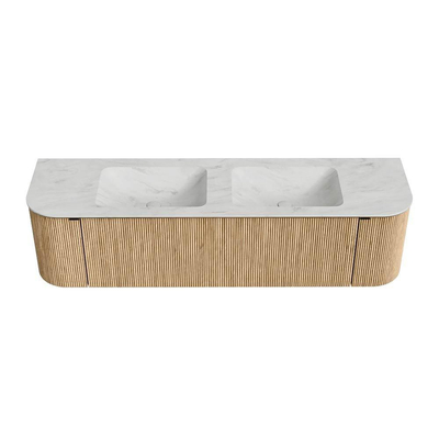 MONDIAZ KURVE-DLUX meuble de salle de bains 170cm avec module 25 Len R couleur Oak avec 1 tiroir et 2 portes. Lavabo LEAF double sans trou de robinet couleur Opalo.