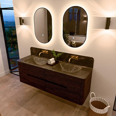 Mondiaz CIRO-DLUX Meuble de salle de bains - 150x45x50cm - Lavabo solid surface Lava - 2 vasques double - sans trous de robinet - 4 tiroirs - Noyer