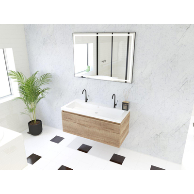 HR Matrix ensemble meuble de salle de bain 3d 100cm 1 tiroir sans poignée avec bandeau couleur chêne français avec vasque djazz 2 robinets blanc