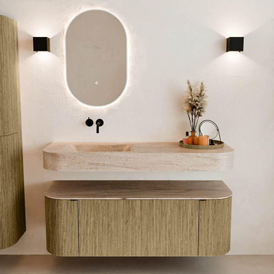 MONDIAZ THOR-DLUX 130cm meuble de salle de bains arrondi gauche + droite couleur Dusk avec 1 tiroir et 2 portes. Vasque suspendue CLOUD Gauche sans trou de robinet couleur Saba.