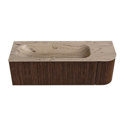 MONDIAZ KURVE-DLUX Meuble de salle de bains 135cm arrondi à droite couleur Walnut avec 1 tiroir et 1 porte. Lavabo BIG MEDIUM à gauche 1 trou de robinet Arena.