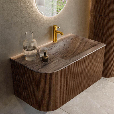 MONDIAZ KURVE-DLUX Meuble de salle de bains 85cm arrondi à gauche couleur Walnut avec 1 tiroir et 1 porte. Lavabo CLOUD à droite 1 trou de robinet Oza.