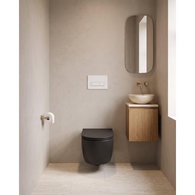 QeramiQ Dely Swirl Toiletset - 36.3x51.7cm - Geberit UP320 inbouwreservoir - met Burda frame - slimzitting - glans witte bedieningsplaat - rechthoekige knoppen - mat zwart