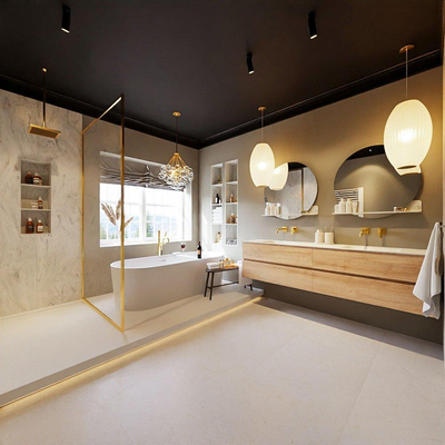 MONDIAZ VICA-DLUX Ensemble meuble de salle de bains - 200cm - meuble bas Washed oak - 4 tiroirs - lavabo encastré cloud double - sans trous de robinetterie - version haute 60cm - opalo