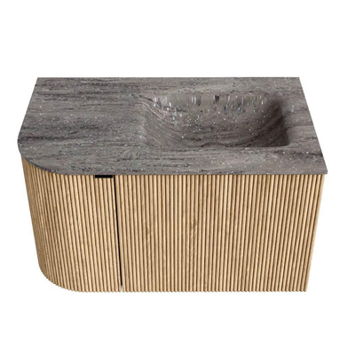 MONDIAZ KURVE-DLUX Meuble de salle de bains 75cm arrondi à gauche couleur Chêne avec 1 tiroir et 1 porte. Lavabo GRUNNE à droite 1 trou de robinet Oza.
