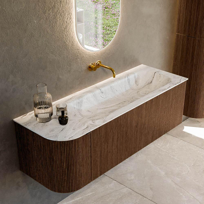 MONDIAZ KURVE-DLUX 135cm badmeubel met module 25 L kleur Walnut met 1 lade en 1 deur. Wastafel BIG MEDIUM rechts zonder kraangat kleur Glace.