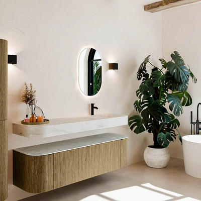 MONDIAZ THOR-DLUX 160cm meuble de salle de bains arrondi gauche + droite couleur Dusk avec 1 tiroir et 2 portes. Vasque suspendue CLOUD Droite 1 trou de robinet couleur Opalo.