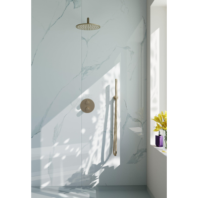 FugaFlow Eccelente Acces Inbouw Regendoucheset - rond - thermostatisch - wandarm - 25cm hoofddouche - staaf handdouche - Geborsteld Messing PVD (Goud)