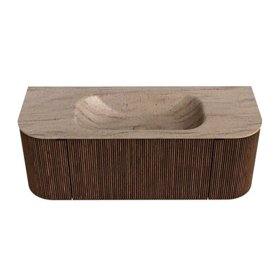 MONDIAZ KURVE-DLUX Meuble de salle de bains 120cm arrondi Gauche + Droite couleur Noyer avec 1 tiroir et 2 portes. Lavabo BIG SMALL Milieu sans trou de robinet Saba.