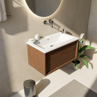 Saniclass Holz Frame Ensemble de meubles de salle de bains - 80x45x57.5cm - vasque Torino en solid surface blanc - sans trou de robinetterie - 1 tiroir - walnut pure mat (bois)