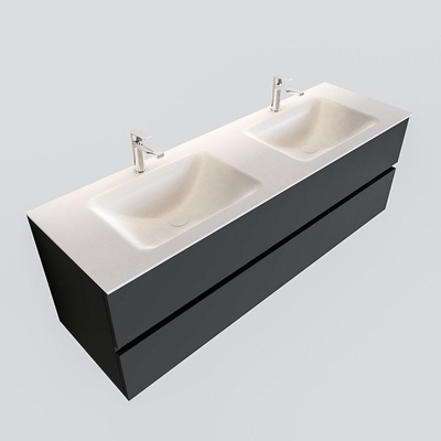 MONDIAZ VICA Ensemble de meuble salle de bain - 150cm - 2 tiroirs - lavabo Cloud double - 2 trous de robinet - solid surface gris foncé
