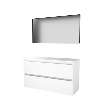 Basic-Line meuble de salle de bain 46 encadré ensemble 120x46cm sans poignée 2 tiroirs plan vasque miroir noir mat cadre aluminium tout autour mdf laqué blanc glacier