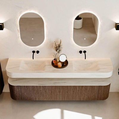 MONDIAZ THOR-DLUX 200cm meuble de salle de bains arrondi gauche + droite couleur Walnut avec 2 tiroirs et 2 portes. Vasque suspendue CLOUD Double sans trou de robinet couleur Meli.