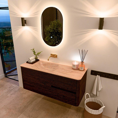 Mondiaz CIRO-DLUX Meuble de salle de bains - 120x45x50cm - Plan vasque solid surface Saba - 1 vasque à gauche - sans trous de robinetterie - 2 tiroirs - Noyer
