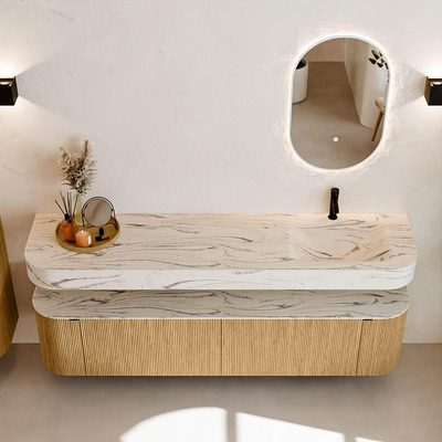 MONDIAZ THOR-DLUX 190cm meuble de salle de bains arrondi gauche + droite couleur Oak avec 2 tiroirs et 2 portes. Vasque suspendue CLOUD Droite 1 trou de robinet couleur Nata.