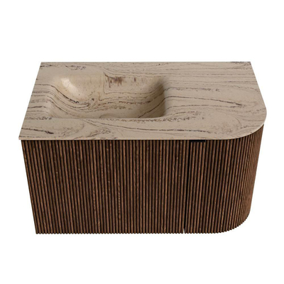 MONDIAZ KURVE-DLUX 75cm badmeubel ronding Rechts kleur Walnut met 1 lade en 1 deur. Wastafel GRUNNE Links zonder kraangat Arena.