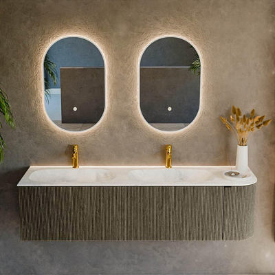 Mondiaz KURVE-DLUX Ensemble meuble de salle de bains - 165x46x40cm - 2 tiroirs - 1 porte - lavabo solid surface - double / gauche - 2 trous de robinet - Shadow