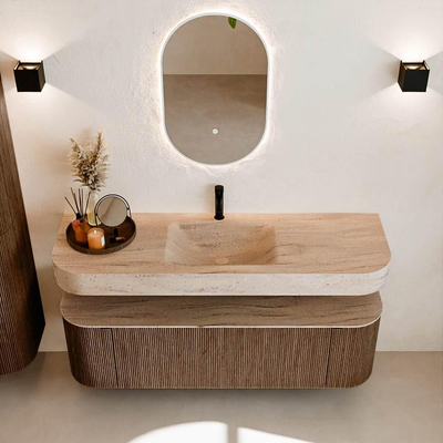 MONDIAZ THOR-DLUX 150cm meuble de salle de bains arrondi gauche + droite couleur Walnut avec 1 tiroir et 2 portes. Vasque suspendue CLOUD Milieu 1 trou de robinet couleur Saba.