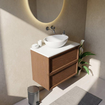Saniclass Holz Frame Ensemble de meubles de salle de bains - 80x45x62.5cm - Plan de toilette Torino en solid surface blanc - sans trou de robinetterie - 2 tiroirs - walnut pure mat (bois)