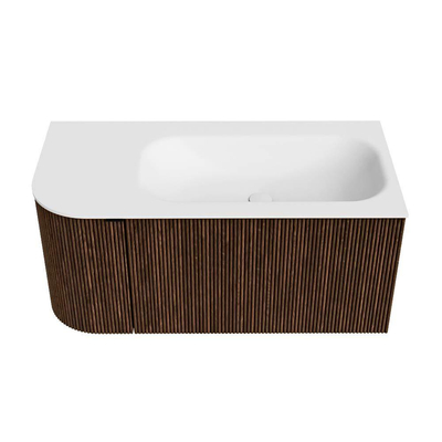 MONDIAZ KURVE Meuble de salle de bains 95cm avec module 25 L couleur Walnut avec 1 tiroir et 1 porte. Lavabo BIG SMALL à droite 1 trou de robinet Talc.