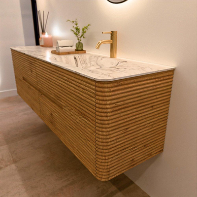 Mondiaz CIRO-DLUX Meuble de salle de bains - 170x45x50cm - Plan vasque solid surface Glace - 1 bassin à droite - 1 trou de robinet - 4 tiroirs - Chêne